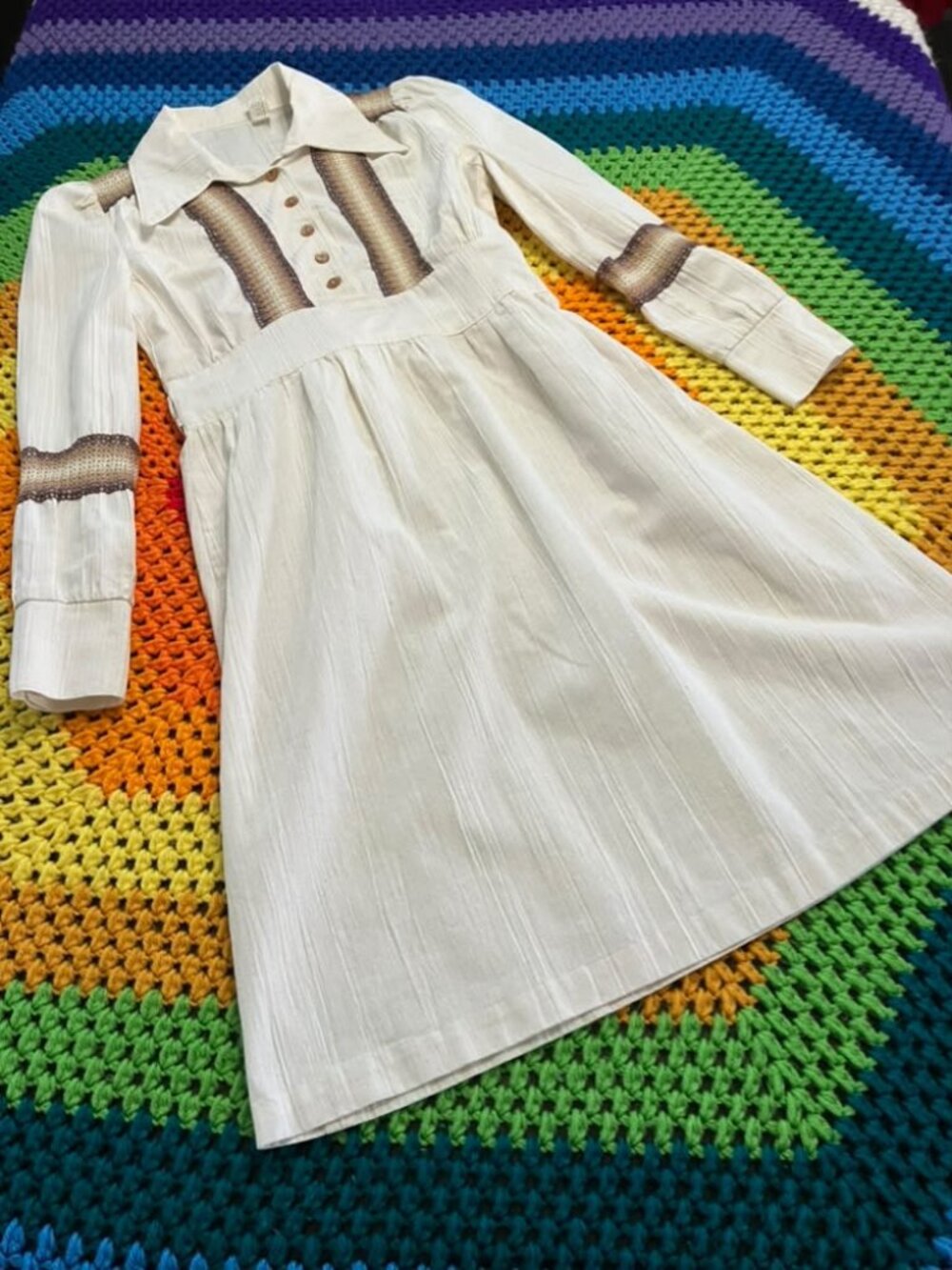 70's Vintage Ivory Beige Brown Stripe Go Go Boho Bohemian Festival Mini Dress